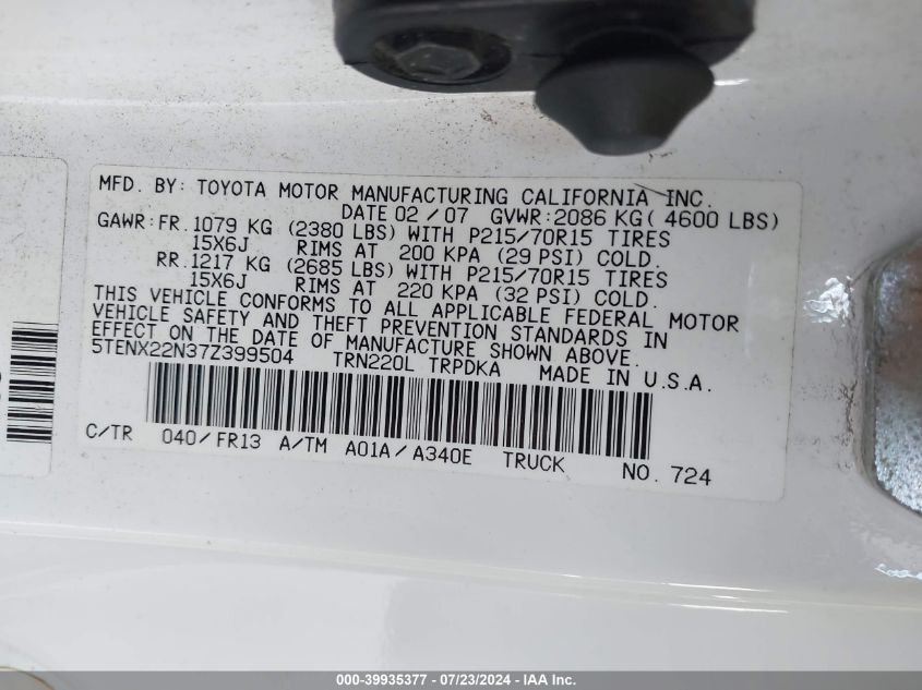 2007 Toyota Tacoma VIN: 5TENX22N37Z399504 Lot: 39935377