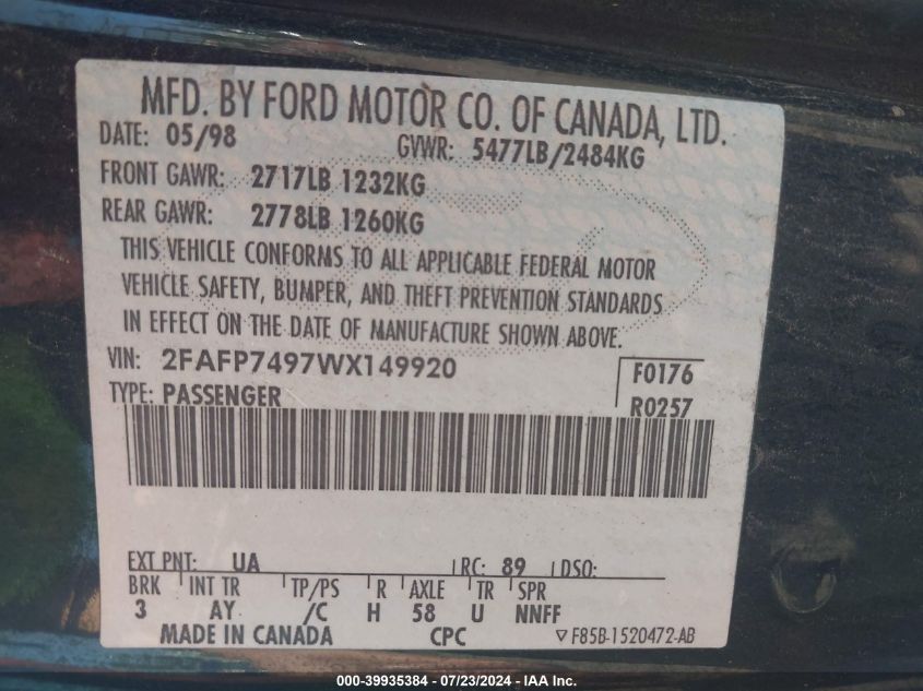 1998 Ford Crown Victoria Lx VIN: 2FAFP7497WX149920 Lot: 39935384