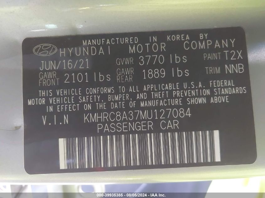 2021 Hyundai Venue Sel VIN: KMHRC8A37MU127084 Lot: 39935385