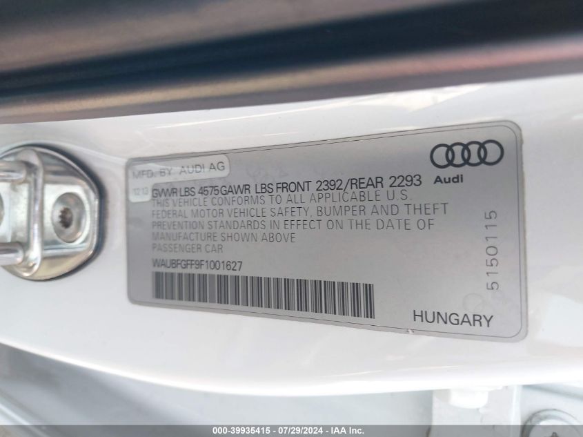 2015 Audi A3 Premium VIN: WAUBFGFF9F1001627 Lot: 39935415