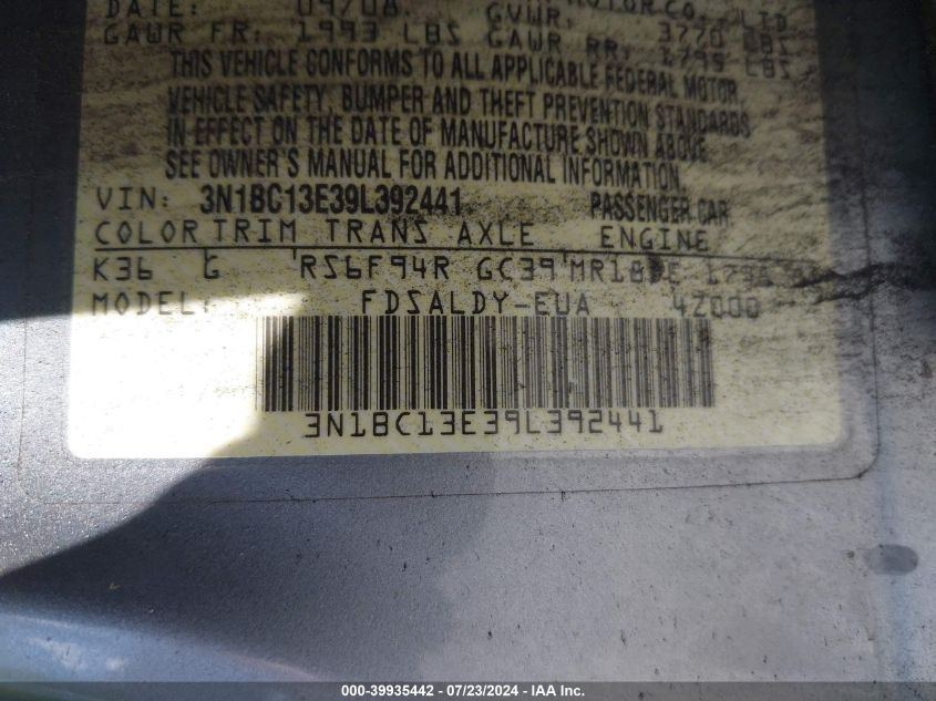 2009 Nissan Versa 1.8S VIN: 3N1BC13E39L392441 Lot: 39935442