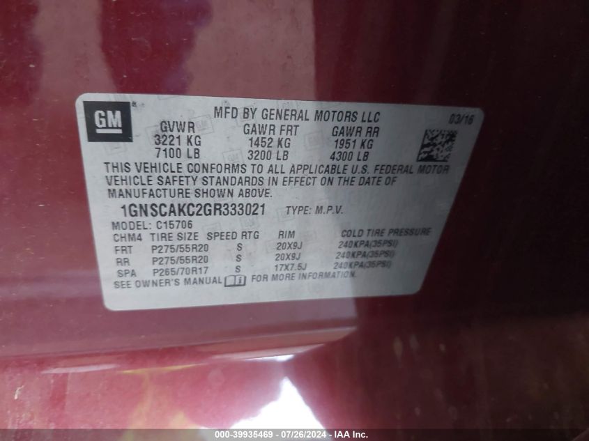 2016 Chevrolet Tahoe Ls VIN: 1GNSCAKC2GR333021 Lot: 39935469
