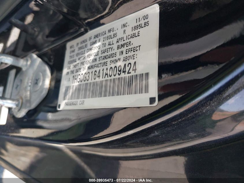 2001 Honda Accord 2.3 Ex VIN: 1HGCG31641A009424 Lot: 39935473
