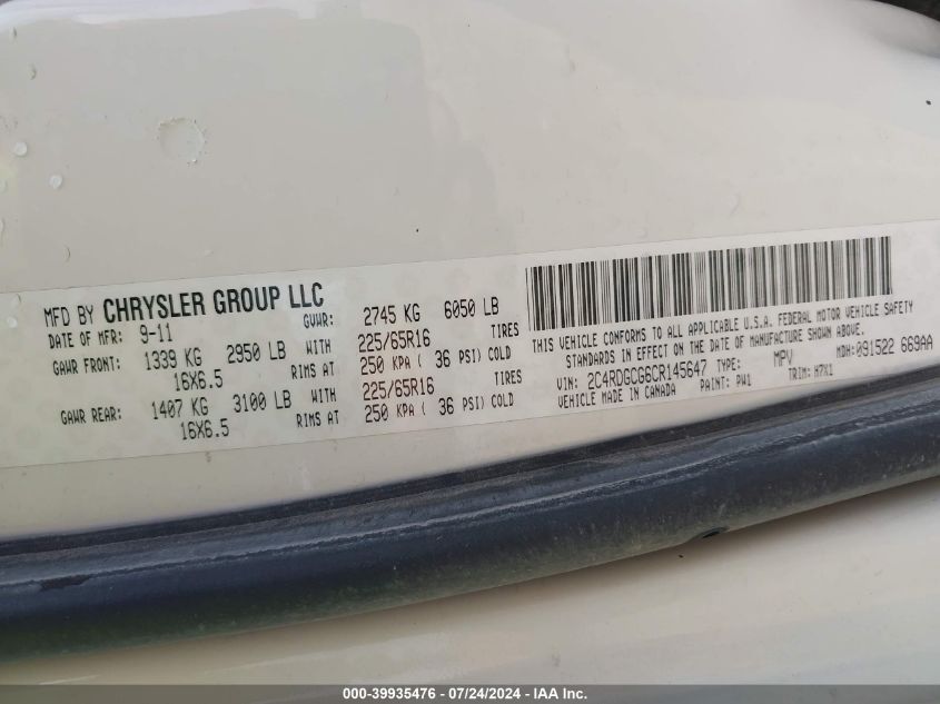 2012 Dodge Grand Caravan Sxt VIN: 2C4RDGCG6CR145647 Lot: 39935476