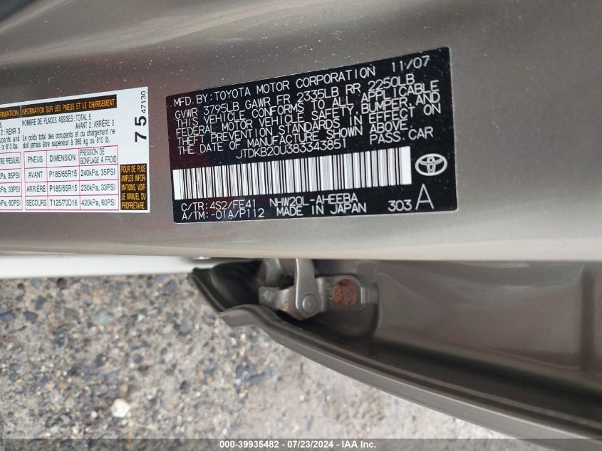 2008 Toyota Prius VIN: JTDKB20U383343851 Lot: 39935482