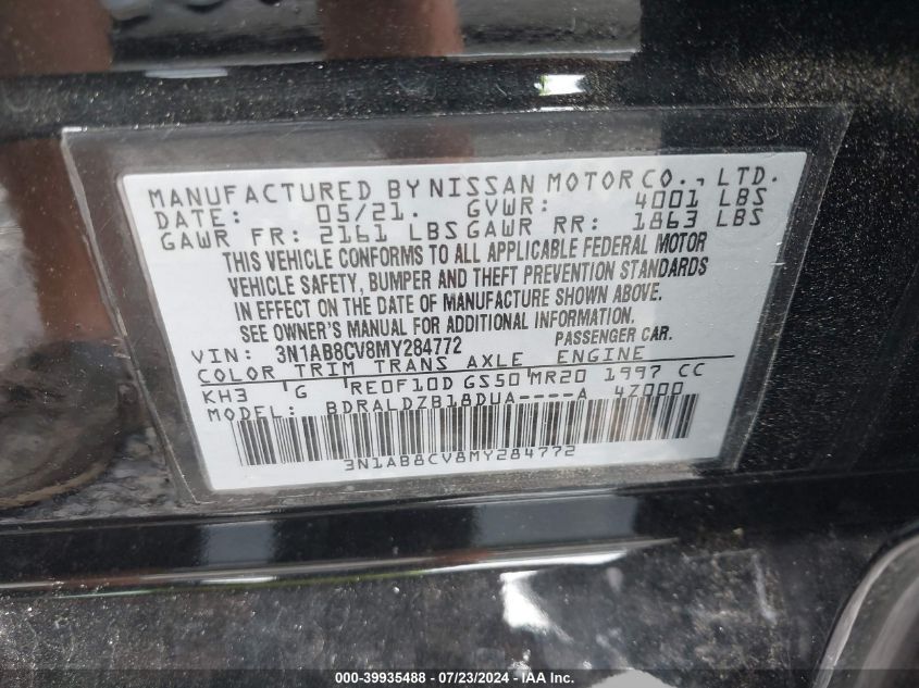 2021 Nissan Sentra Sv Xtronic Cvt VIN: 3N1AB8CV8MY284772 Lot: 39935488