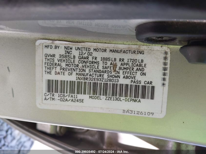 2003 Toyota Corolla Le VIN: 1NXBR32E93Z128013 Lot: 39935492