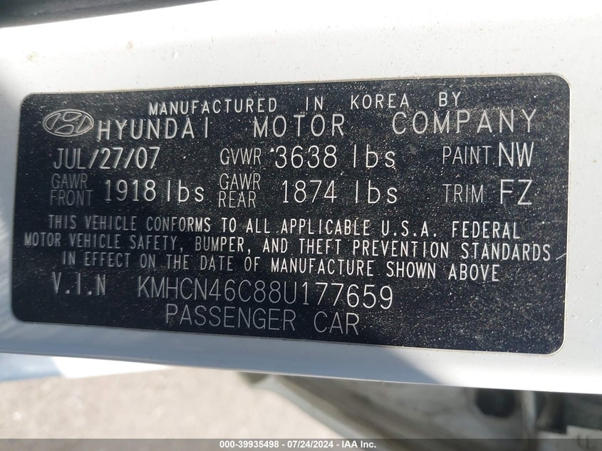 2008 Hyundai Accent Gls VIN: KMHCN46C88U177659 Lot: 39935498