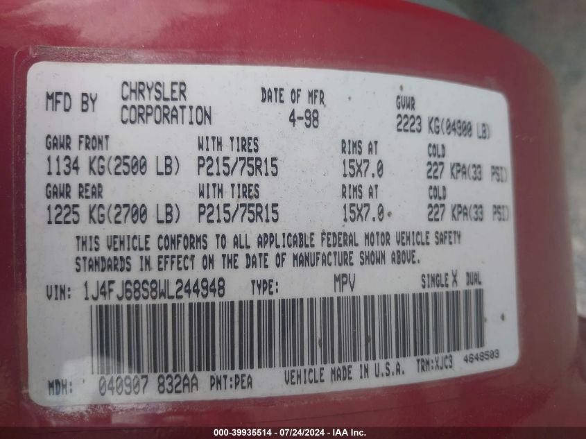 1998 Jeep Cherokee Classic/Sport VIN: 1J4FJ68S8WL244948 Lot: 39935514