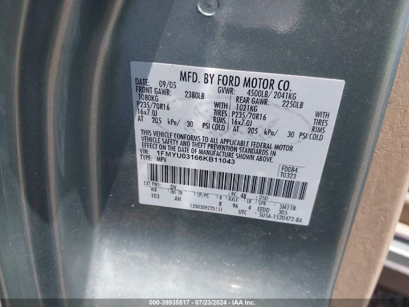 2006 Ford Escape Xlt/Xlt Sport VIN: 1FMYU03166KB11043 Lot: 39935517