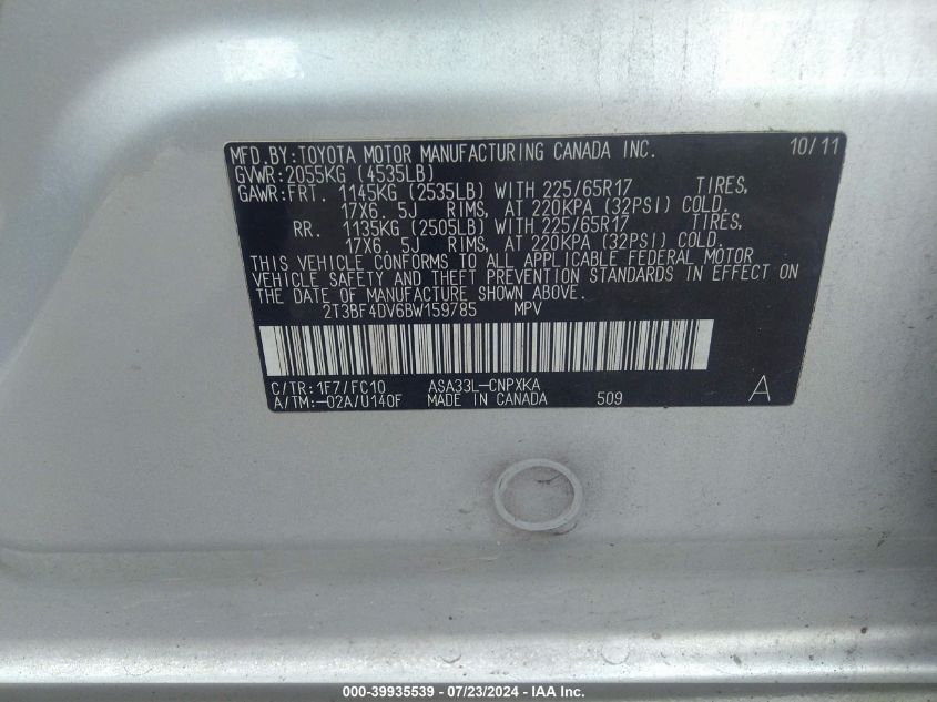 2011 Toyota Rav4 VIN: 2T3BF4DV6BW159785 Lot: 39935539