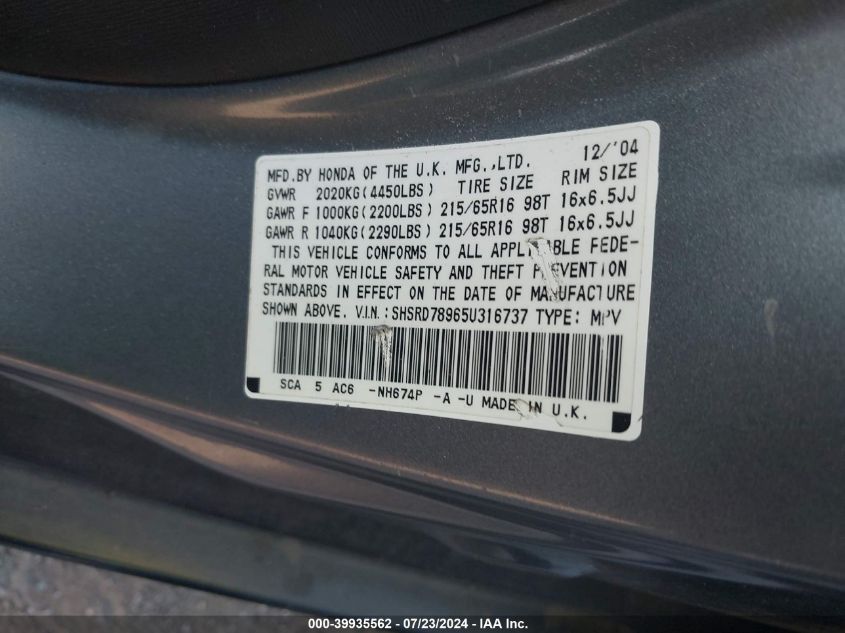 2005 Honda Cr-V Se VIN: SHSRD78965U316737 Lot: 39935562