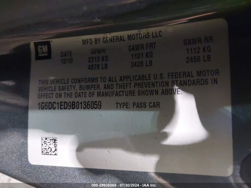 2011 Cadillac Cts Standard VIN: 1G6DC1ED9B0136059 Lot: 39935568