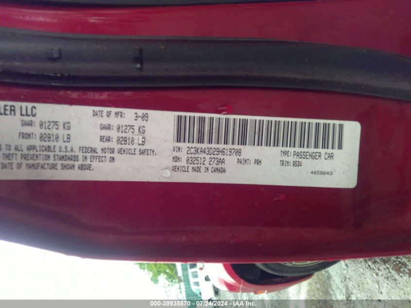2009 Chrysler 300 Lx VIN: 2C3KA43D29H619708 Lot: 39935570