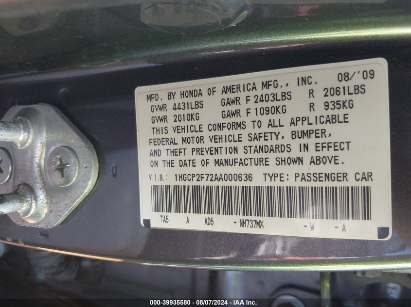 2010 Honda Accord 2.4 Ex VIN: 1HGCP2F72AA000636 Lot: 39935580