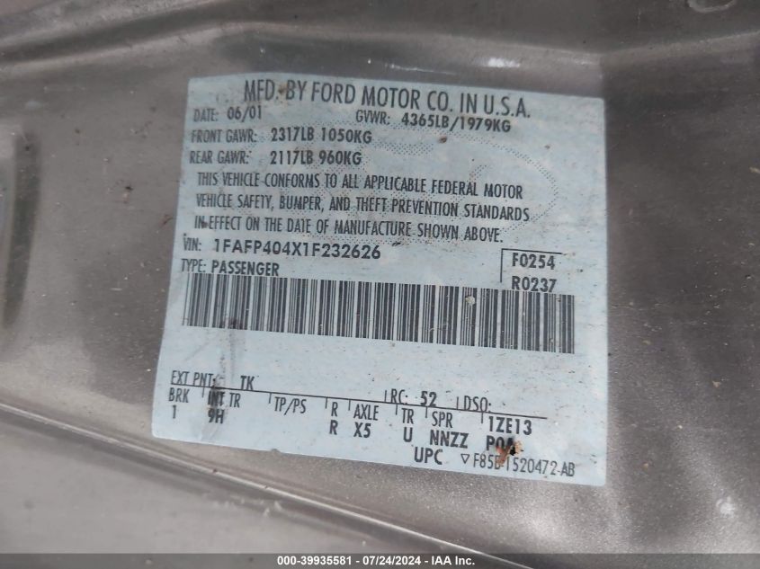 2001 Ford Mustang VIN: 1FAFP404X1F232626 Lot: 39935581
