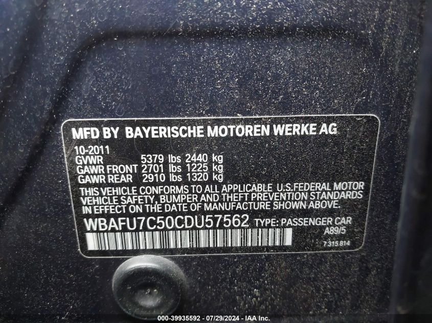 2012 BMW 535I xDrive VIN: WBAFU7C50CDU57562 Lot: 39935592
