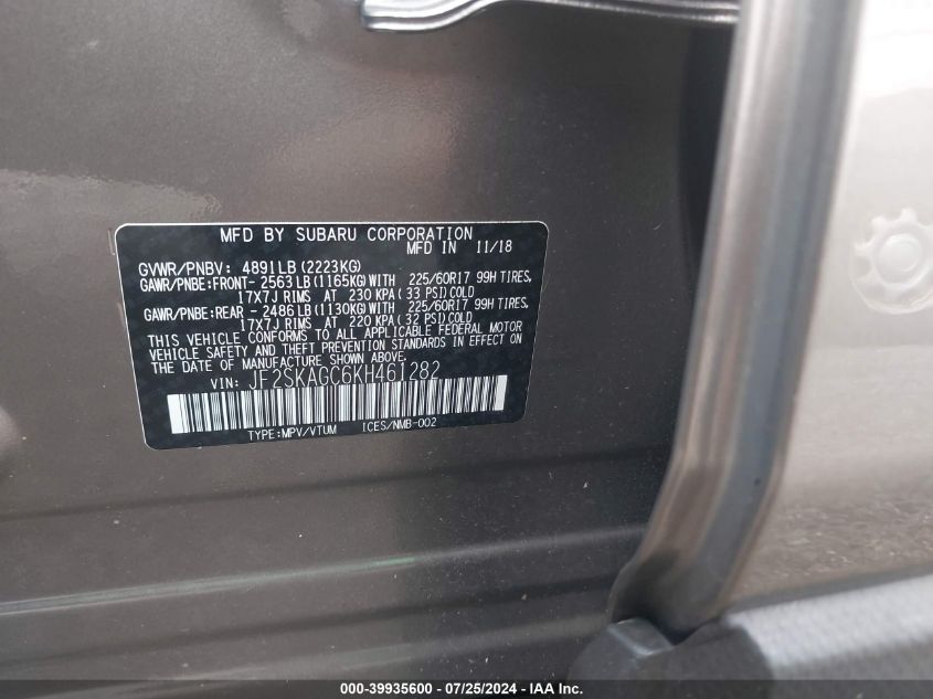 2019 Subaru Forester Premium VIN: JF2SKAGC6KH461282 Lot: 39935600