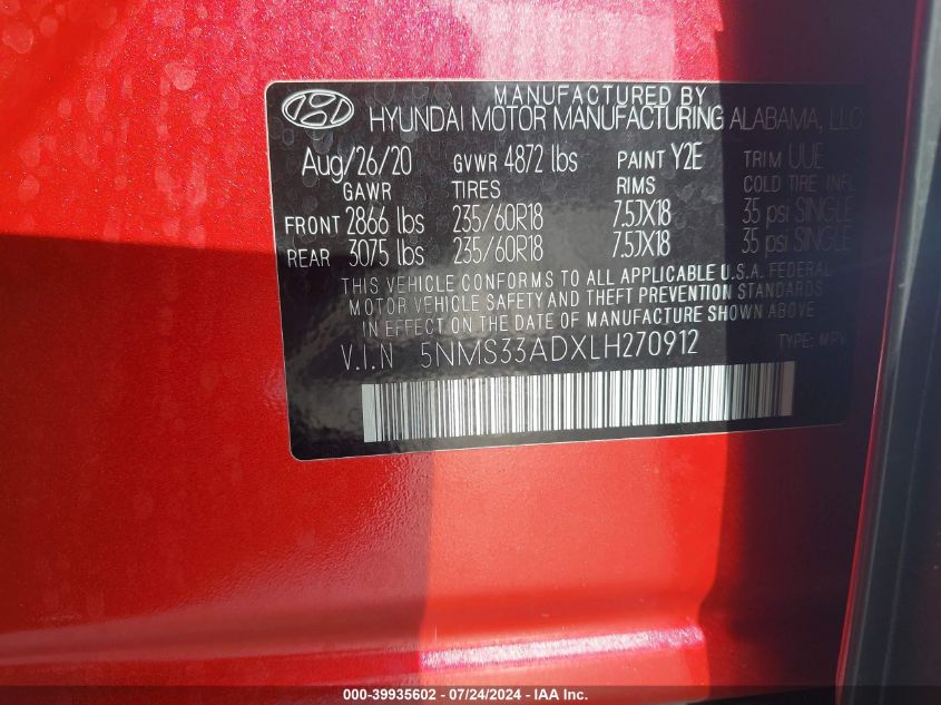 2020 Hyundai Santa Fe Sel VIN: 5NMS33ADXLH270912 Lot: 39935602