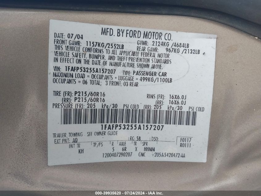 2005 Ford Taurus Se VIN: 1FAFP53255A157207 Lot: 39935620