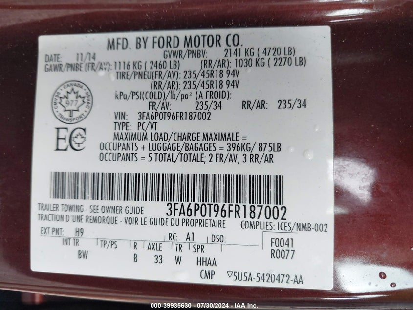 2015 Ford Fusion Se VIN: 3FA6P0T96FR187002 Lot: 39935630