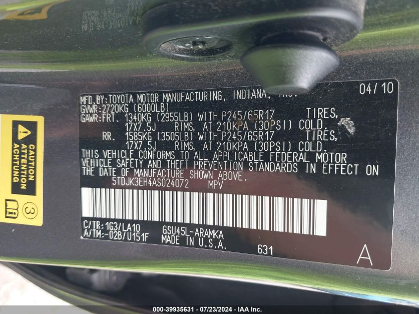 2010 Toyota Highlander Se V6 VIN: 5TDJK3EH4AS024072 Lot: 39935631