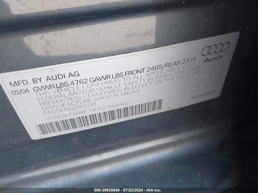 2004 Audi A4 1.8T VIN: WAULC68E14A235690 Lot: 39935649