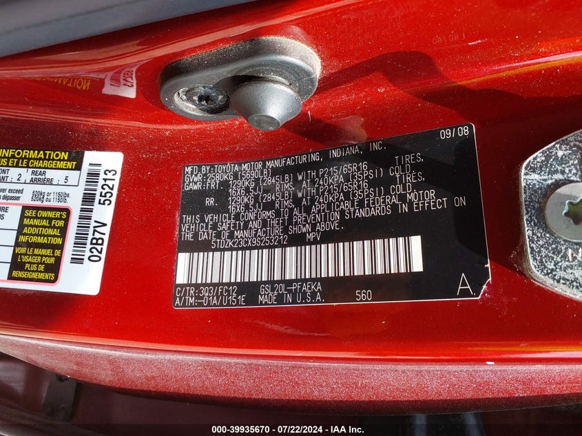 2009 Toyota Sienna Le VIN: 5TDZK23CX9S253212 Lot: 39935670