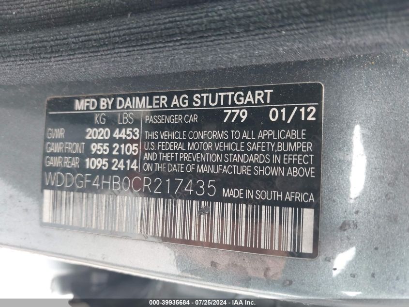 2012 Mercedes-Benz C 250 Luxury/Sport VIN: WDDGF4HB0CR217435 Lot: 39935684