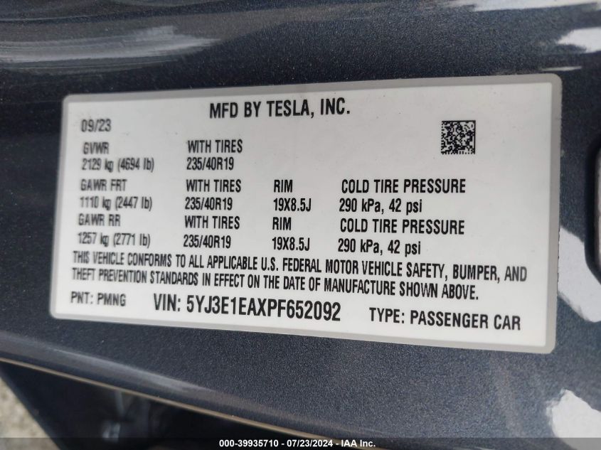 2023 TESLA MODEL 3 REAR-WHEEL DRIVE - 5YJ3E1EAXPF652092