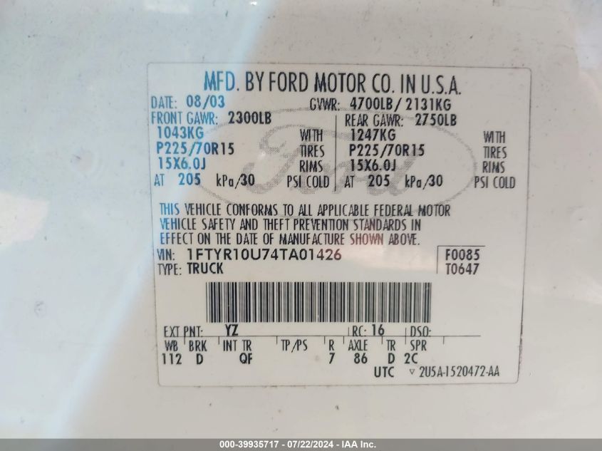 2004 Ford Ranger Edge/Xl/Xlt VIN: 1FTYR10U74TA01426 Lot: 39935717