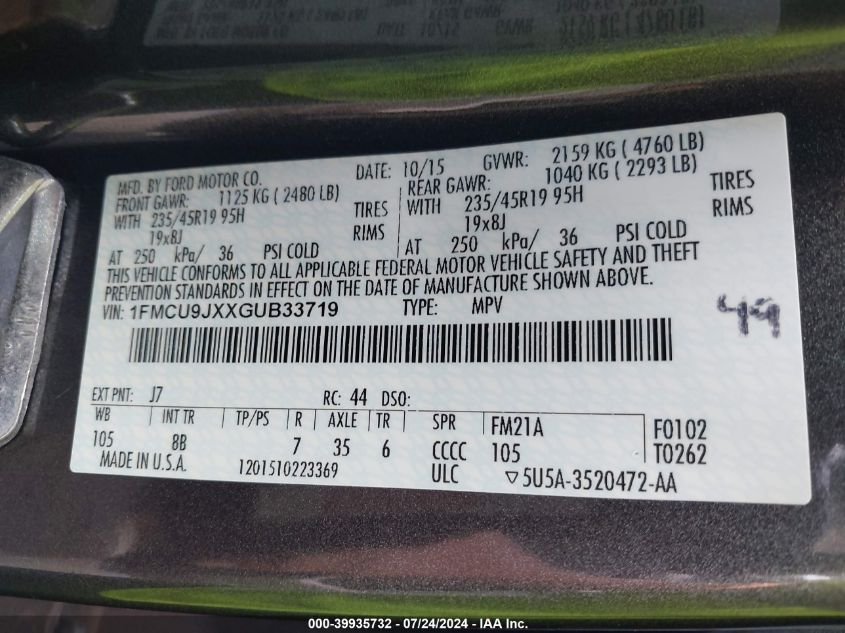 2016 Ford Escape Titanium VIN: 1FMCU9JXXGUB33719 Lot: 39935732