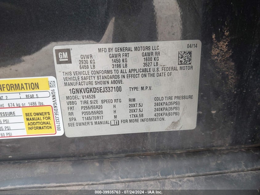 2014 Chevrolet Traverse 1Lt VIN: 1GNKVGKD5EJ337100 Lot: 39935763