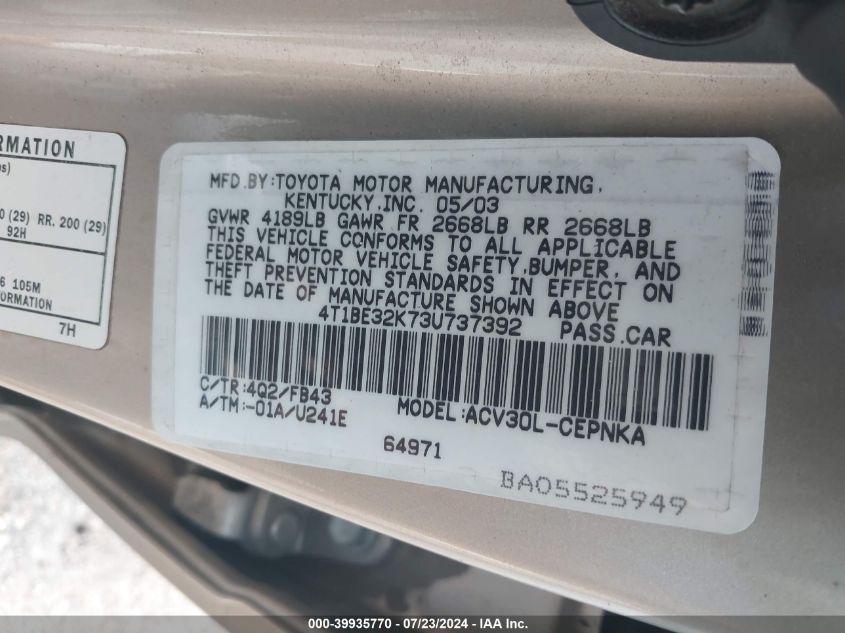 2003 Toyota Camry Le VIN: 4T1BE32K73U737392 Lot: 39935770