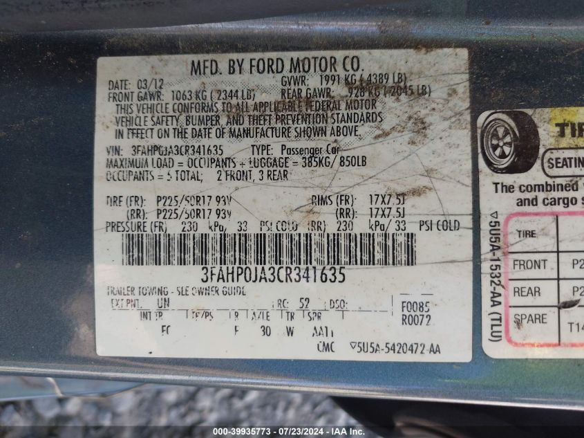 2012 Ford Fusion Sel VIN: 3FAHP0JA3CR341635 Lot: 39935773