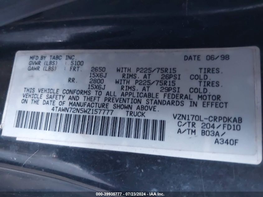 1998 Toyota Tacoma Xtracab VIN: 4TAWN72N5WZ157777 Lot: 39935777