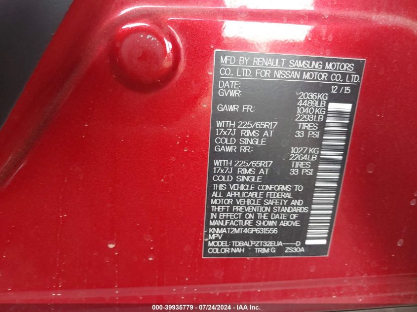 2016 Nissan Rogue S VIN: KNMAT2MT4GP631556 Lot: 39935779