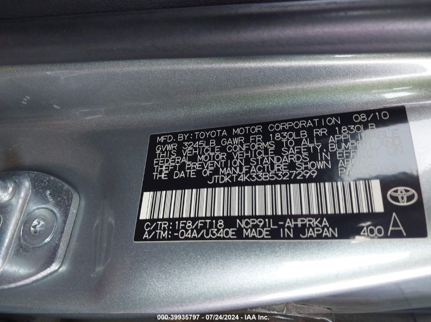 2011 Toyota Yaris VIN: JTDKT4K33B5327299 Lot: 39935797