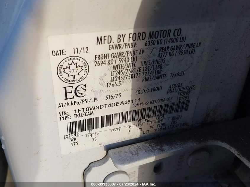 2013 Ford F-350 Xlt VIN: 1FT8W3DT4DEA28111 Lot: 39935807