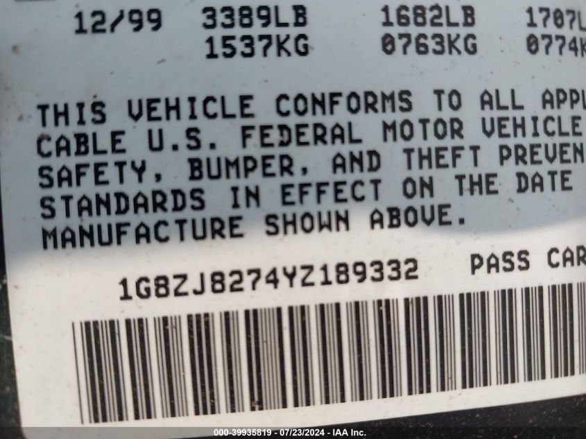 2000 Saturn Sw2 VIN: 1G8ZJ8274YZ189332 Lot: 39935819