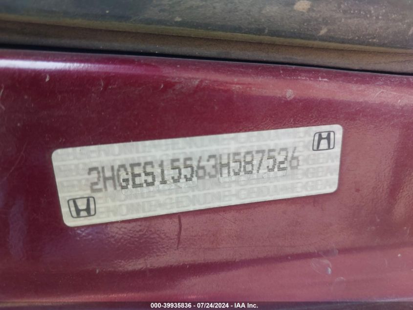 2003 Honda Civic Lx VIN: 2HGES15563H587526 Lot: 39935836