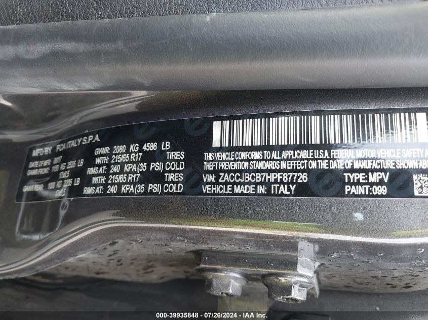 2017 Jeep Renegade Trailhawk 4X4 VIN: ZACCJBCB7HPF87726 Lot: 39935848