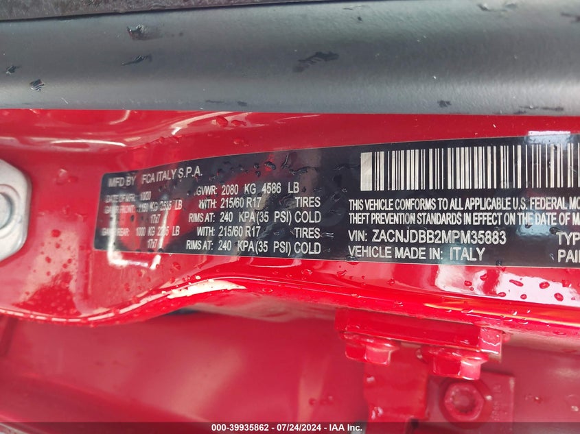 VIN ZACNJDBB2MPM35883 2021 JEEP RENEGADE LATITUDE