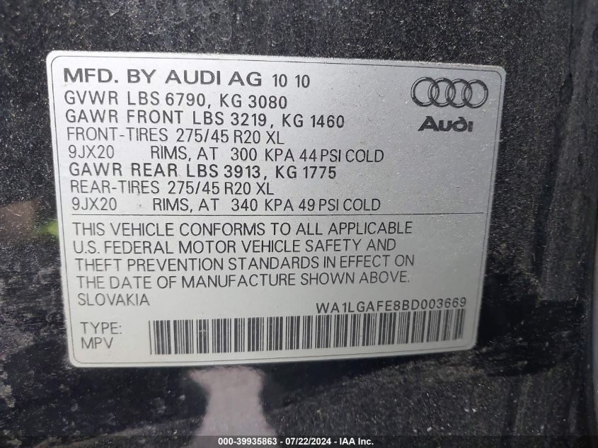 2011 Audi Q7 3.0T Premium VIN: WA1LGAFE8BD003669 Lot: 39935863