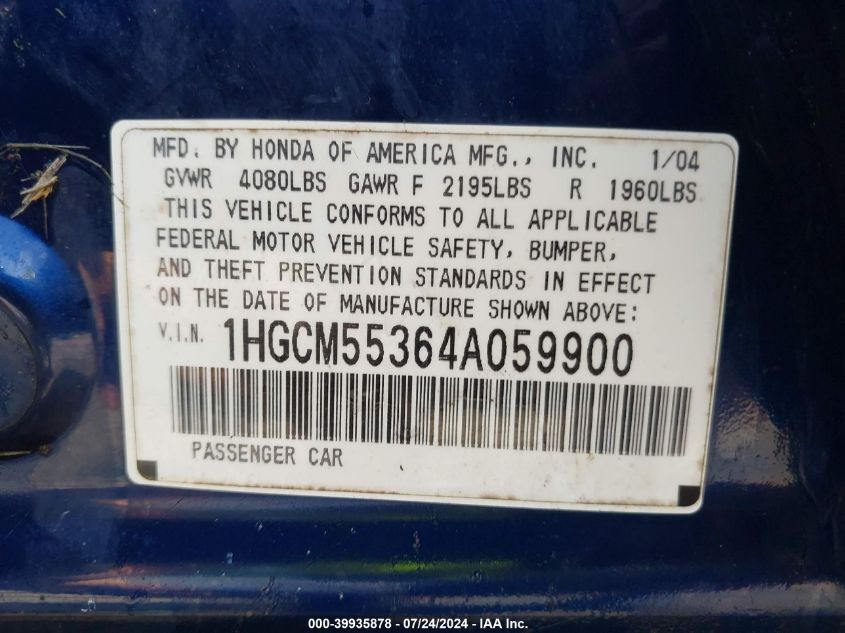 2004 Honda Accord 2.4 Lx VIN: 1HGCM55364A059900 Lot: 39935878