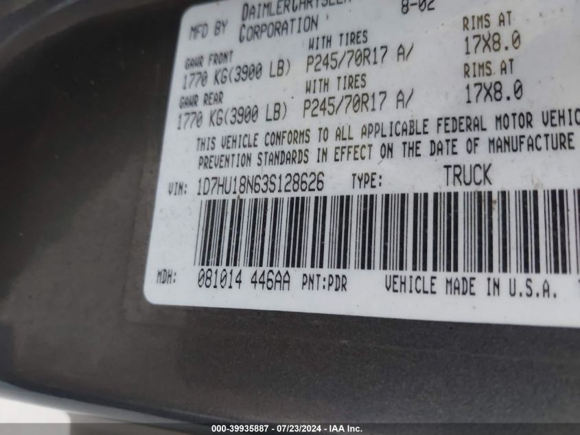 2003 Dodge Ram 1500 Slt/Laramie/St VIN: 1D7HU18N63S128626 Lot: 39935887