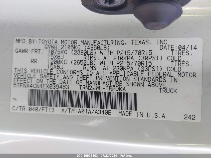 2014 Toyota Tacoma VIN: 5TFNX4CN4EX039463 Lot: 39935903