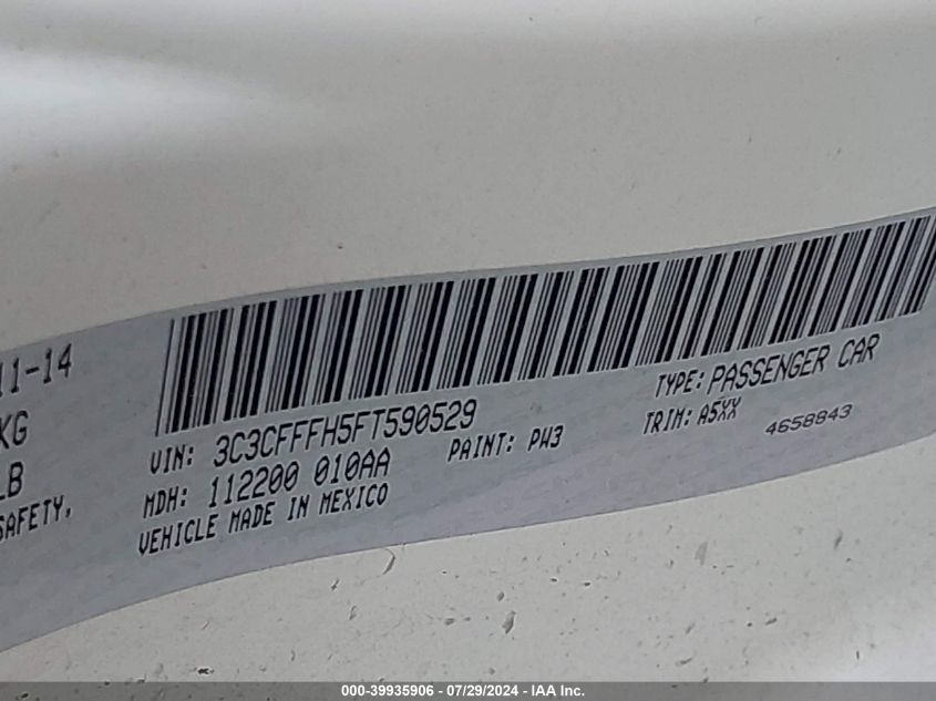 2015 Fiat 500 Abarth VIN: 3C3CFFFH5FT590529 Lot: 39935906