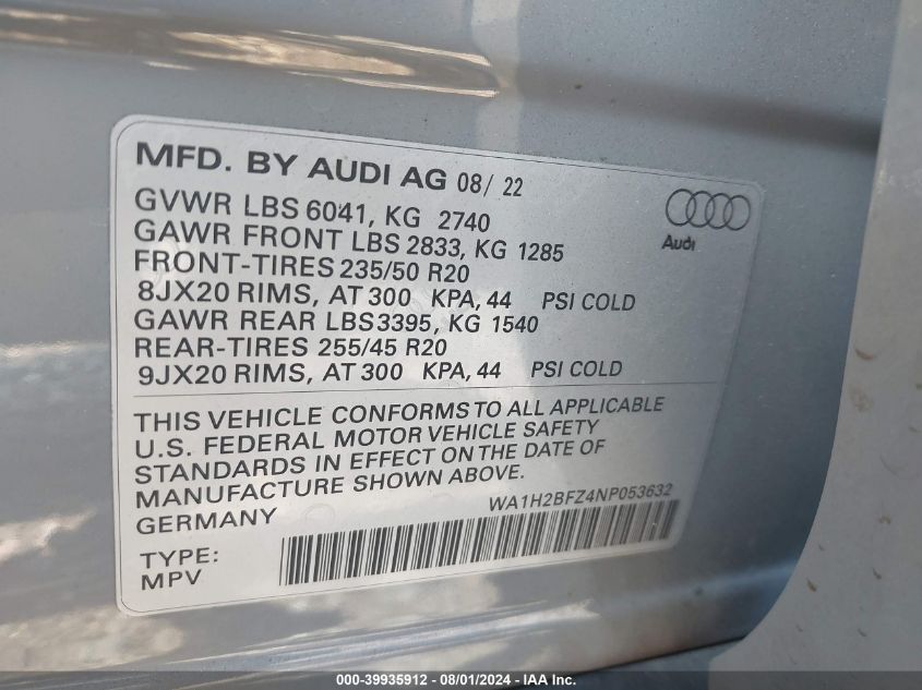 VIN WA1H2BFZ4NP053632 2022 Audi Q4 E-Tron, Premium... no.9