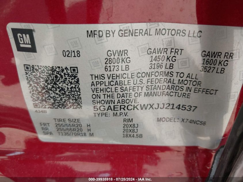 2018 Buick Enclave Premium VIN: 5GAERCKWXJJ214537 Lot: 39935918